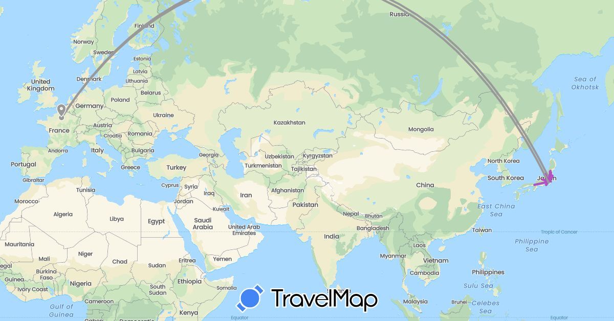 TravelMap itinerary: plane, train in France, Japan (Asia, Europe)