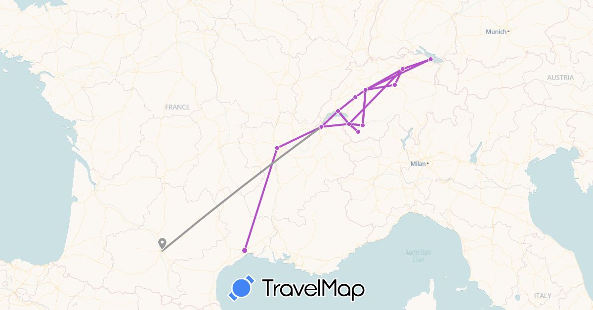 TravelMap itinerary: plane, train in Switzerland, France (Europe)