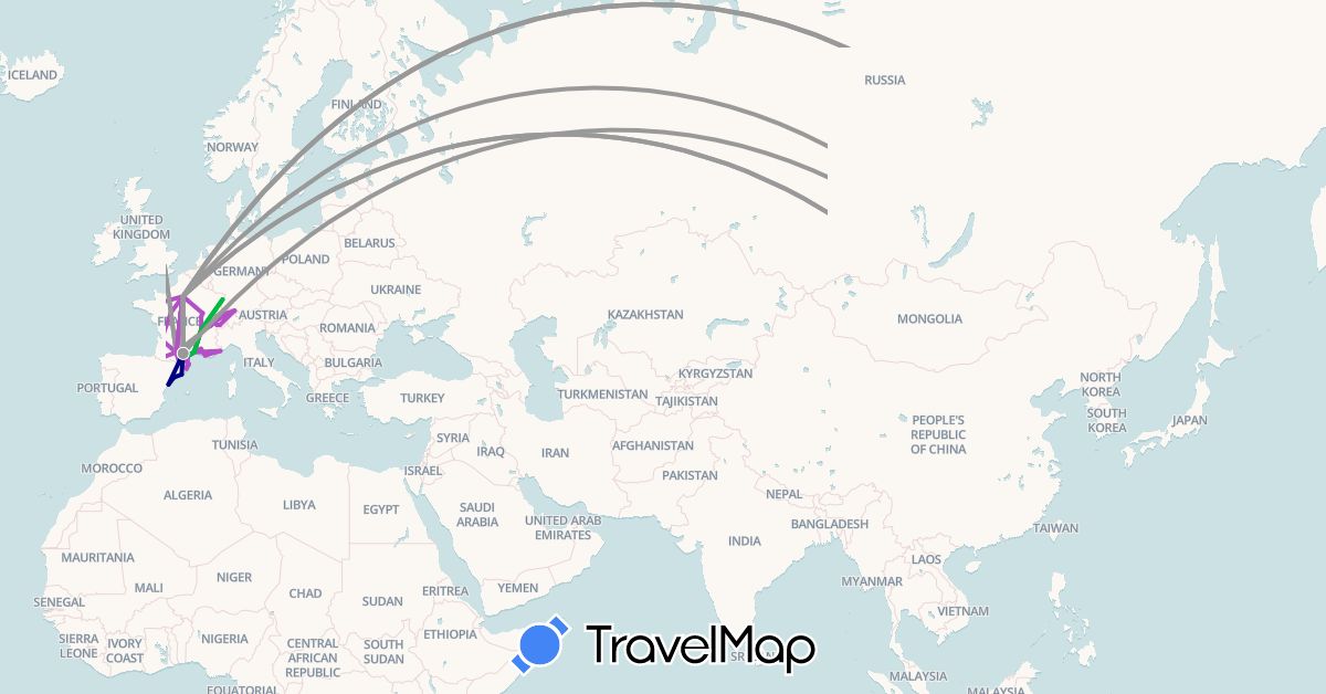 TravelMap itinerary: driving, bus, plane, train in Switzerland, China, Spain, France, United Kingdom, Japan, South Korea, Monaco (Asia, Europe)