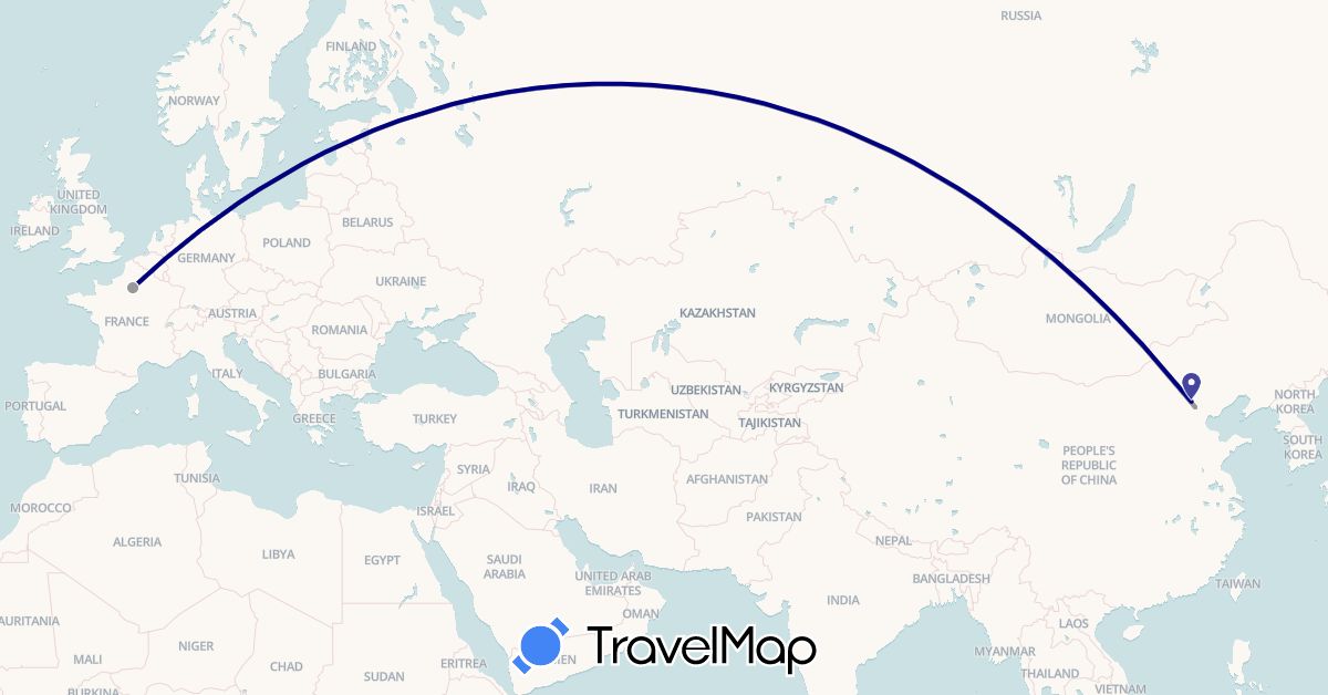 TravelMap itinerary: driving, plane in China, France (Asia, Europe)