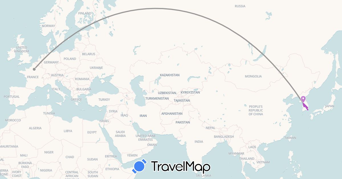 TravelMap itinerary: driving, plane, train in France, South Korea (Asia, Europe)